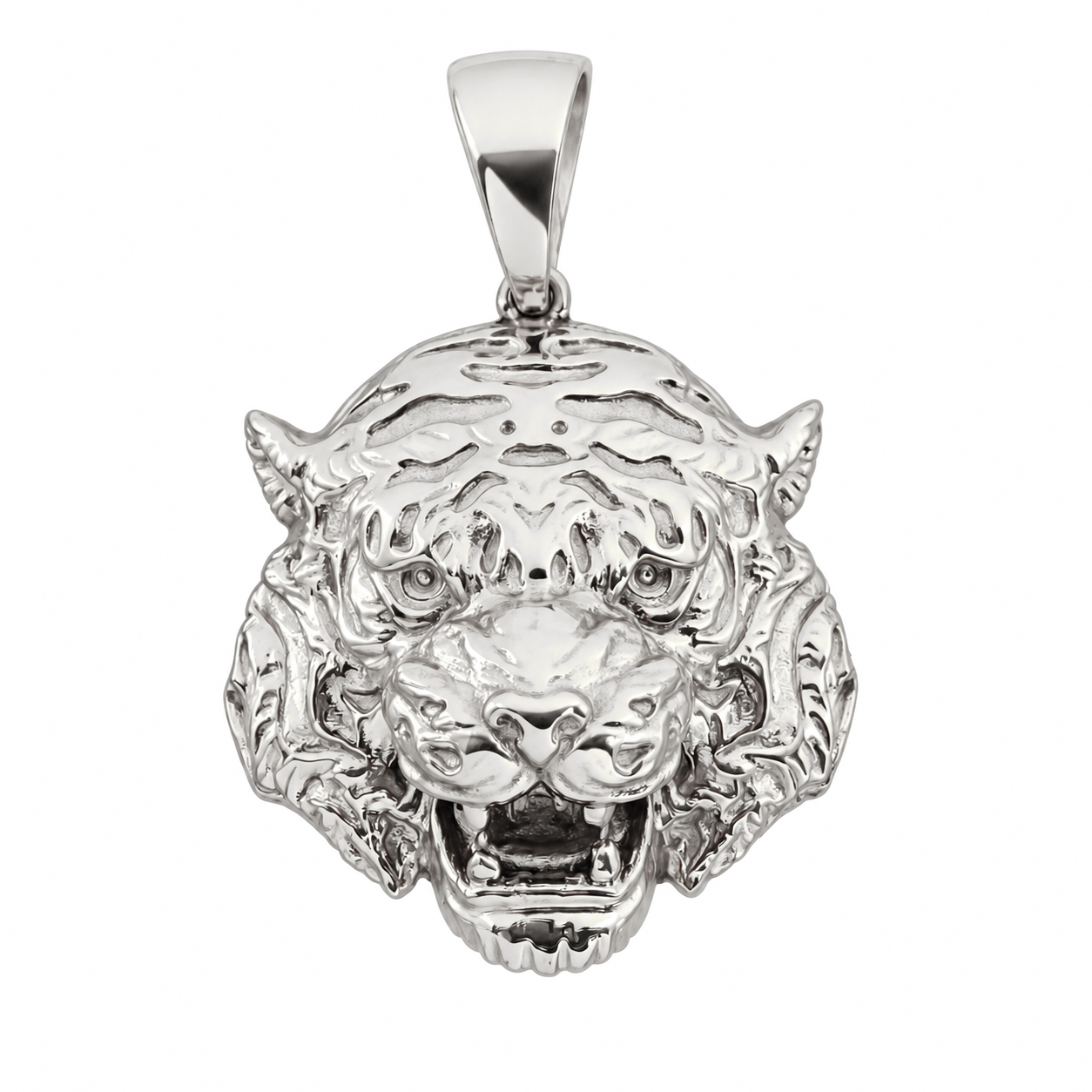 Solid 10K White Gold Tiger Pendant, Real Gold Tiger Head Charm for Men