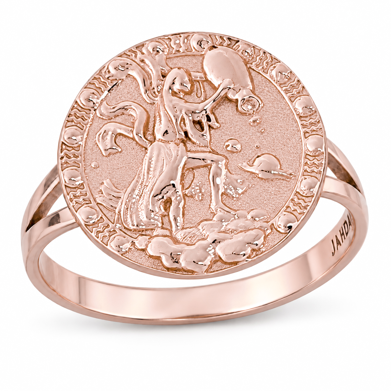 Solid 14K Rose Gold Aquarius Ring for Women, Zodiac Sign Astrology Ring