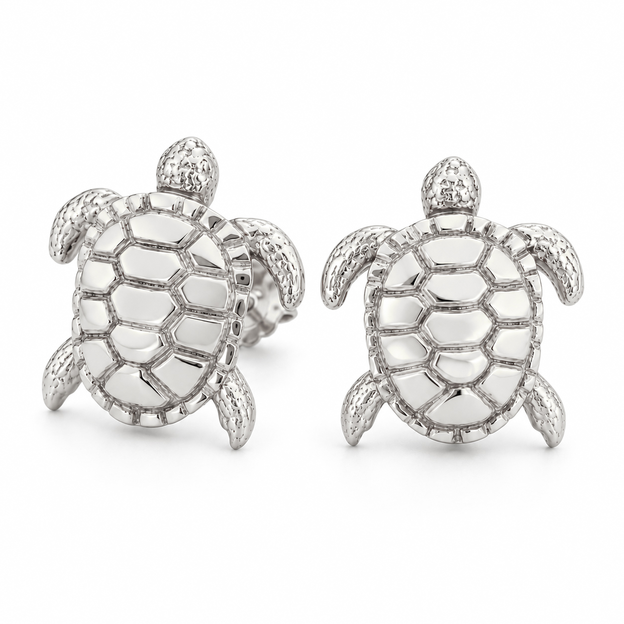 Solid 14K White Gold Turtle Stud Earrings Ocean Sea Turtle