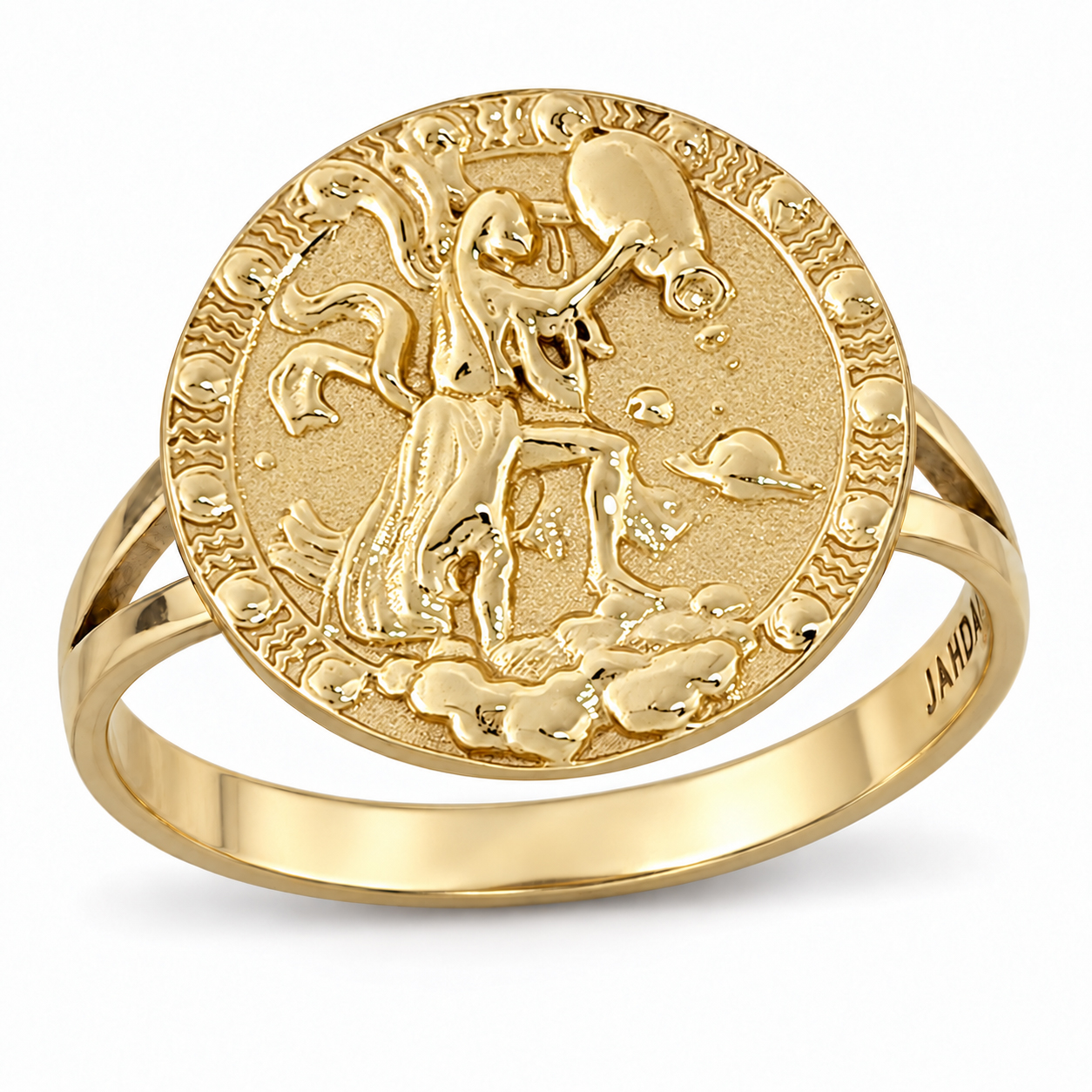 Solid 14K Yellow Gold Aquarius Ring for Women, Zodiac Sign Astrology Ring