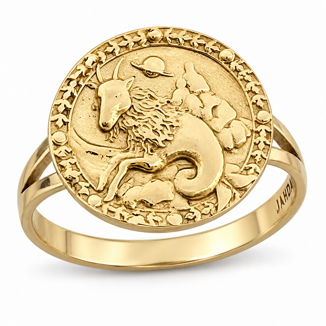 Solid 14K Yellow Gold Capricorn Ring for Women, Zodiac Sign Astrology Ring