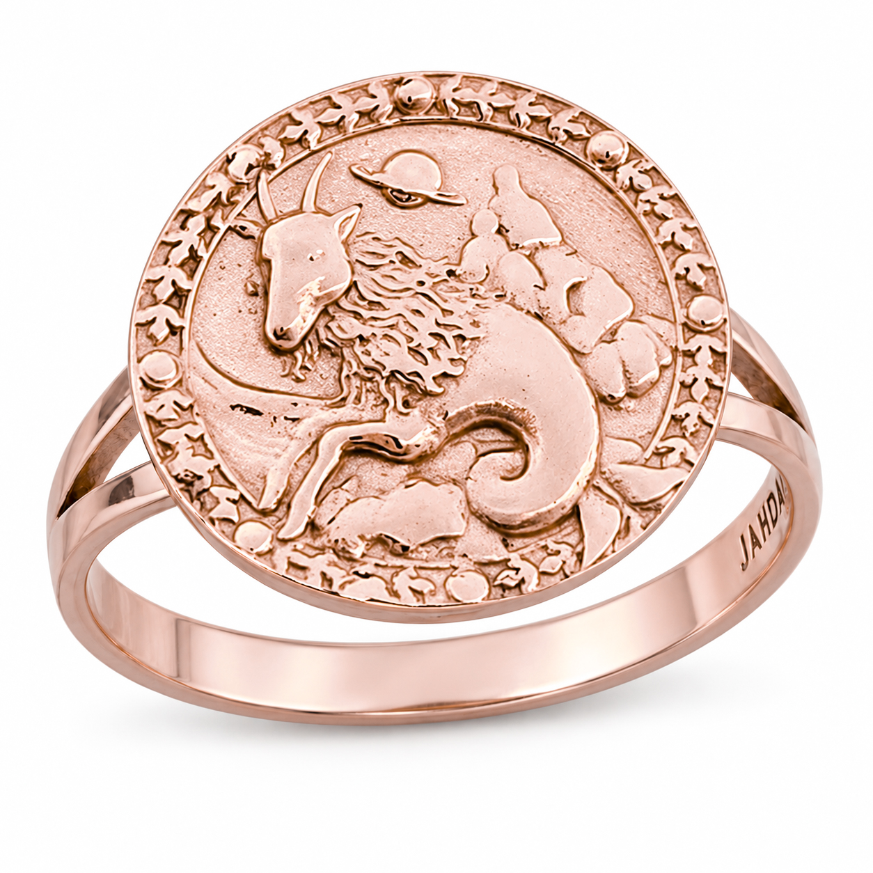 Solid 18K Rose Gold Capricorn Ring for Women, Zodiac Sign Astrology Ring