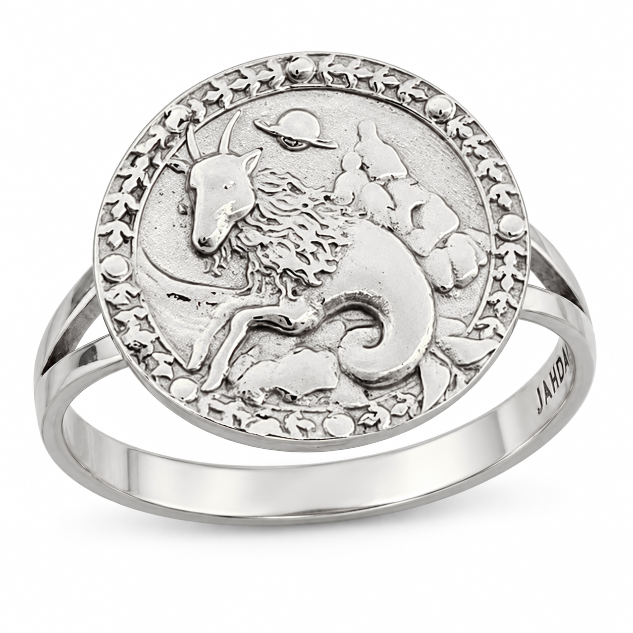 Solid 18K White Gold Capricorn Ring for Women, Zodiac Sign Astrology Ring