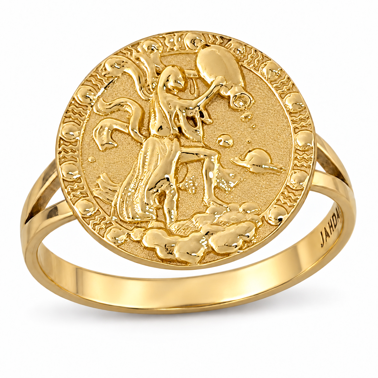 Solid 18K Yellow Gold Aquarius Ring for Women, Zodiac Sign Astrology Ring