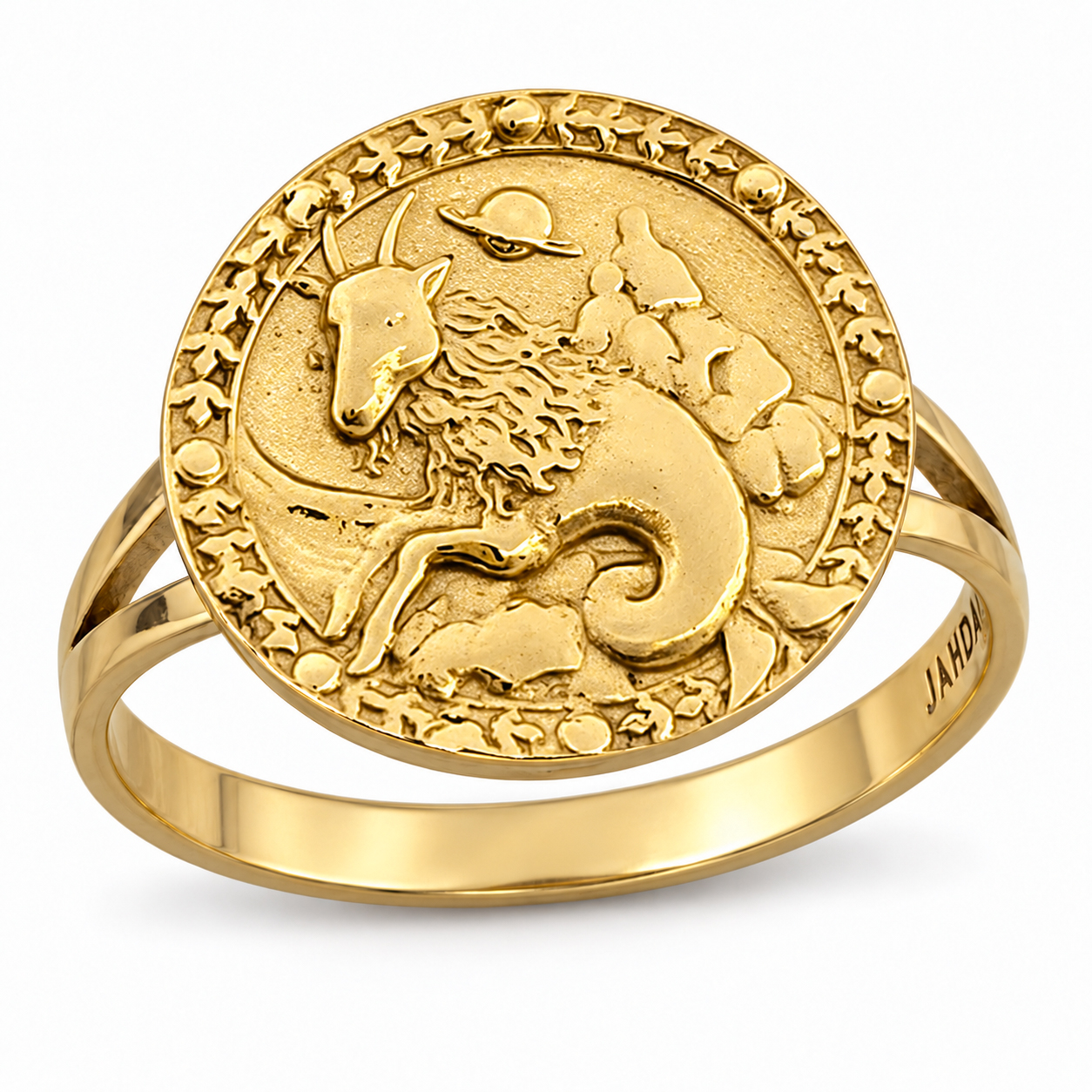 Solid 18K Yellow Gold Capricorn Ring for Women, Zodiac Sign Astrology Ring