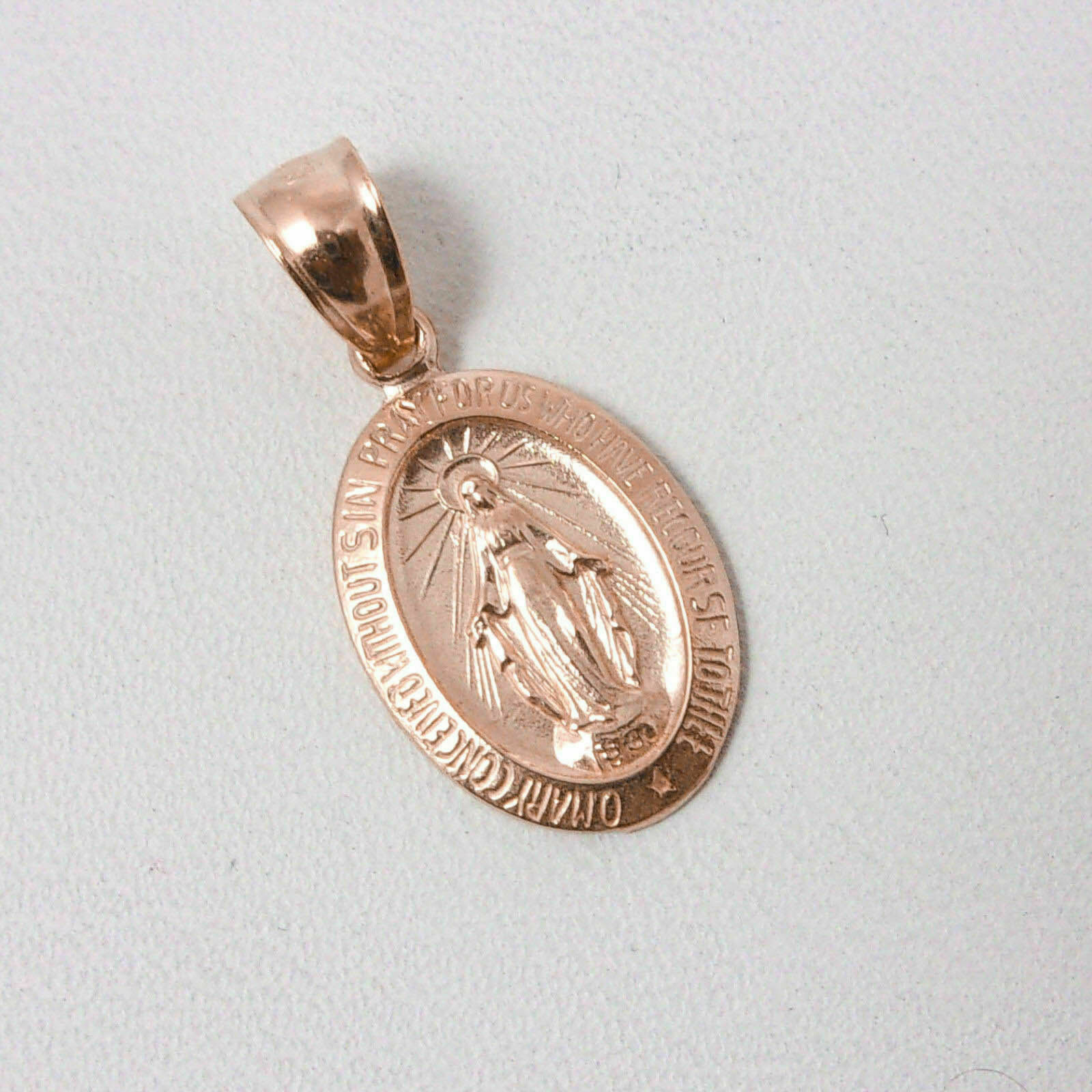 Solid 18K Rose Gold Miraculous Medal Virgin Mary Pendant, 3/4