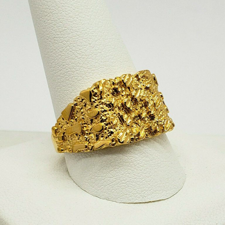 Solid 24K Yellow Gold Large Diamond Cut Mens Nugget Ring, Size 5 11