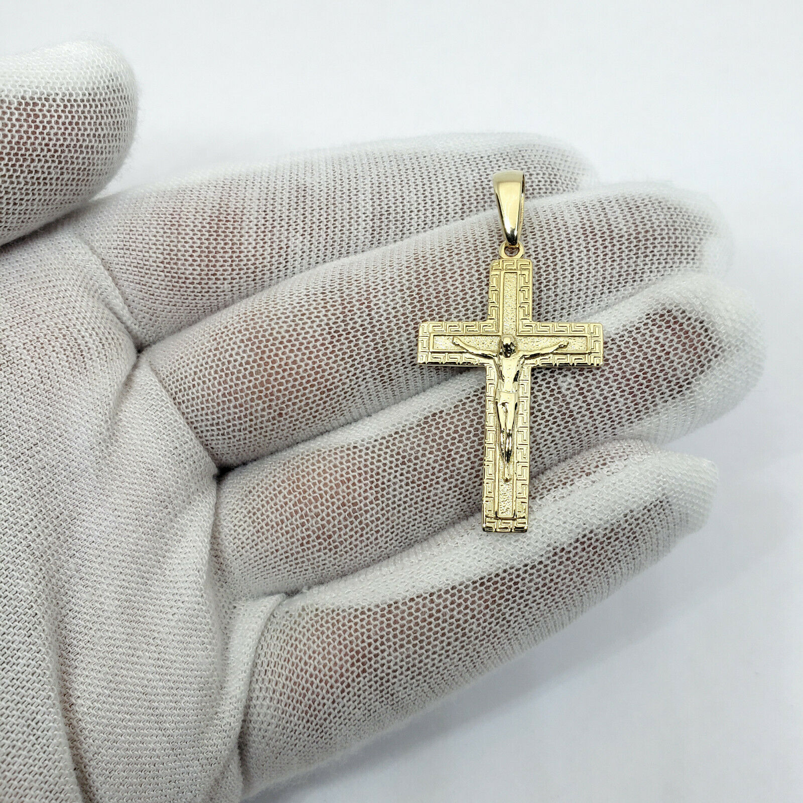 Solid 14K Yellow Gold Cross Pendant Ornate Greek Key Cross, 3.9 
