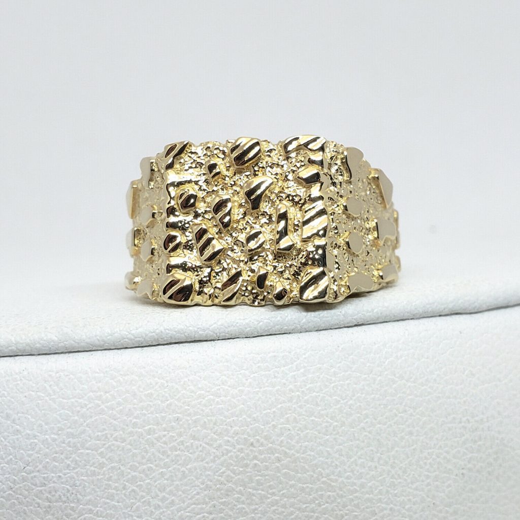 Solid 18K Yellow Gold Large Diamond Cut Mens Nugget Ring, Size 5 - 15 ...