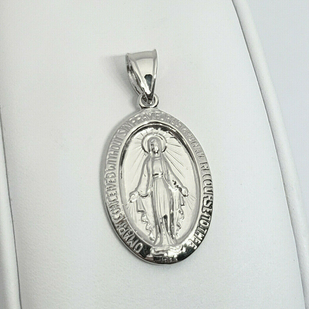 Solid 14K White Gold Miraculous Medal Virgin Mary Pendant, 1", Catholic