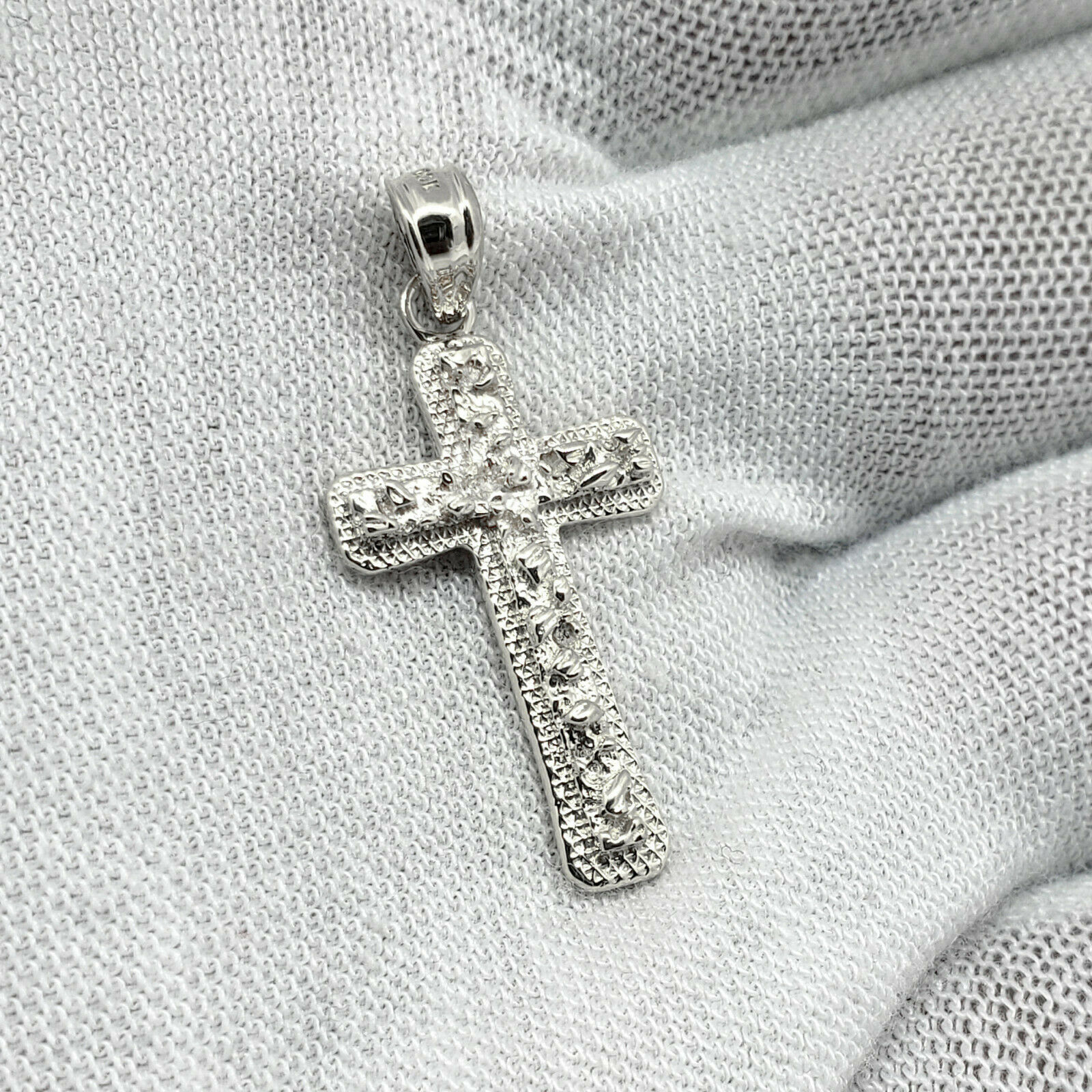 Solid 14K White Gold Mens Nugget Cross 