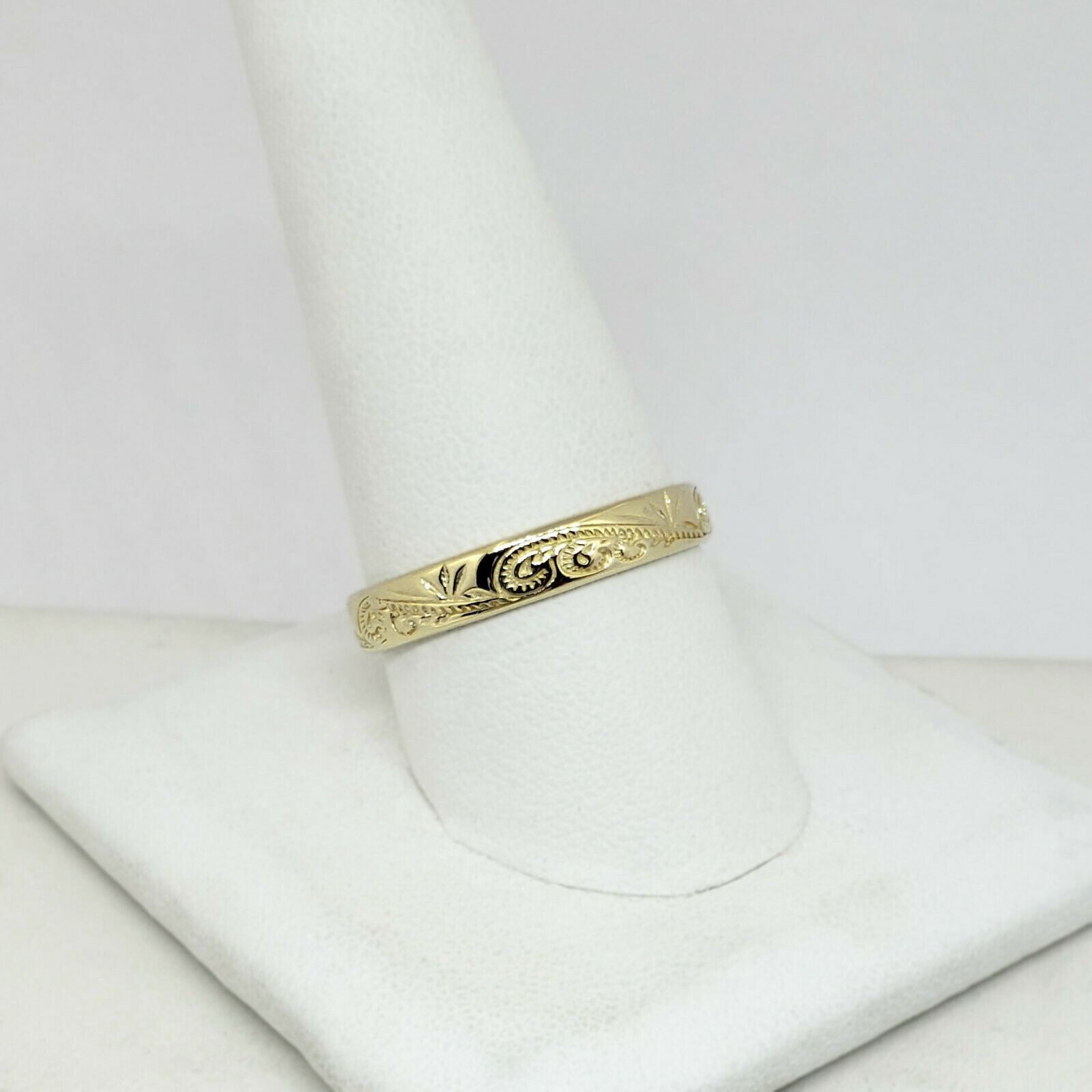 Solid 18K Women's Yellow Gold Ring Engraved Hawaiian Scroll Ring 4mm Size 1-12