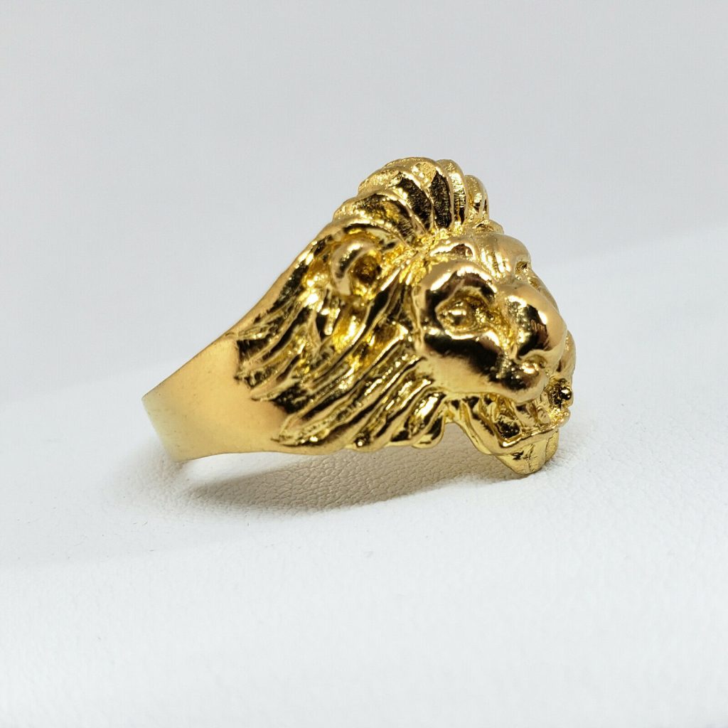 Solid 24K Yellow Gold Handcarved Large Heavy Mens Lion Ring Size 5 - 11 , Mens Lion Head Gold Ring