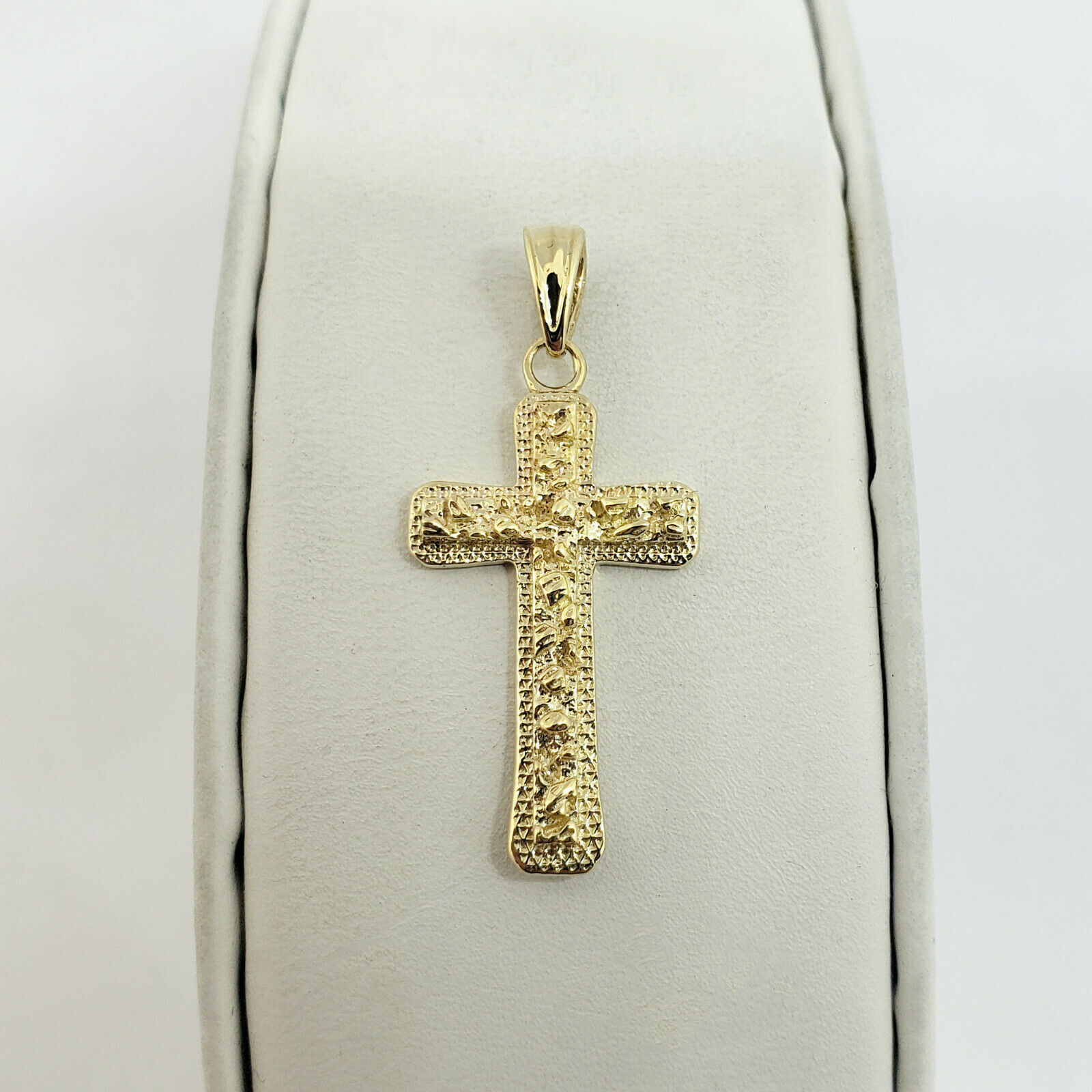Solid 14k Yellow Gold Nugget Cross Small Size Pendant Necklace 
