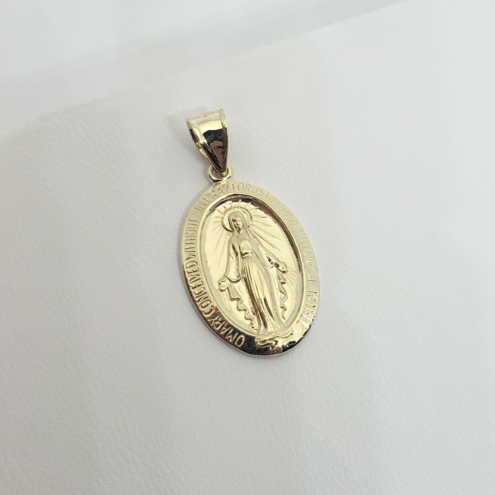 Solid 14K Yellow Gold Miraculous Medal Virgin Mary Pendant, 1 