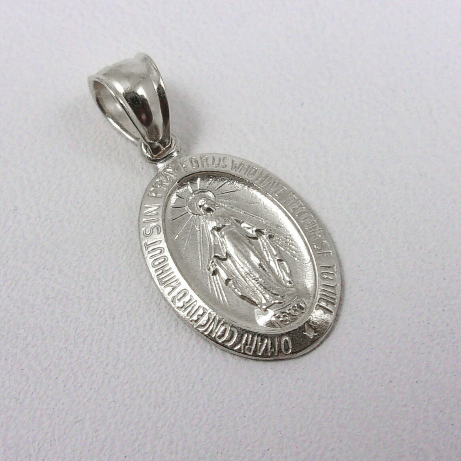 Solid 14K White Gold Miraculous Medal Virgin Mary Pendant, 9/16 