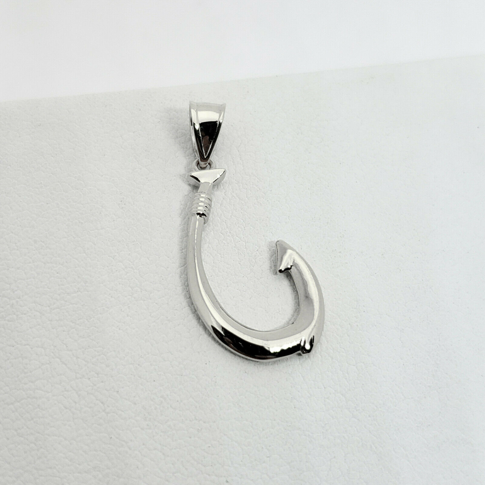 Solid 18K White Gold Fish Hook Pendant, 1 1/16