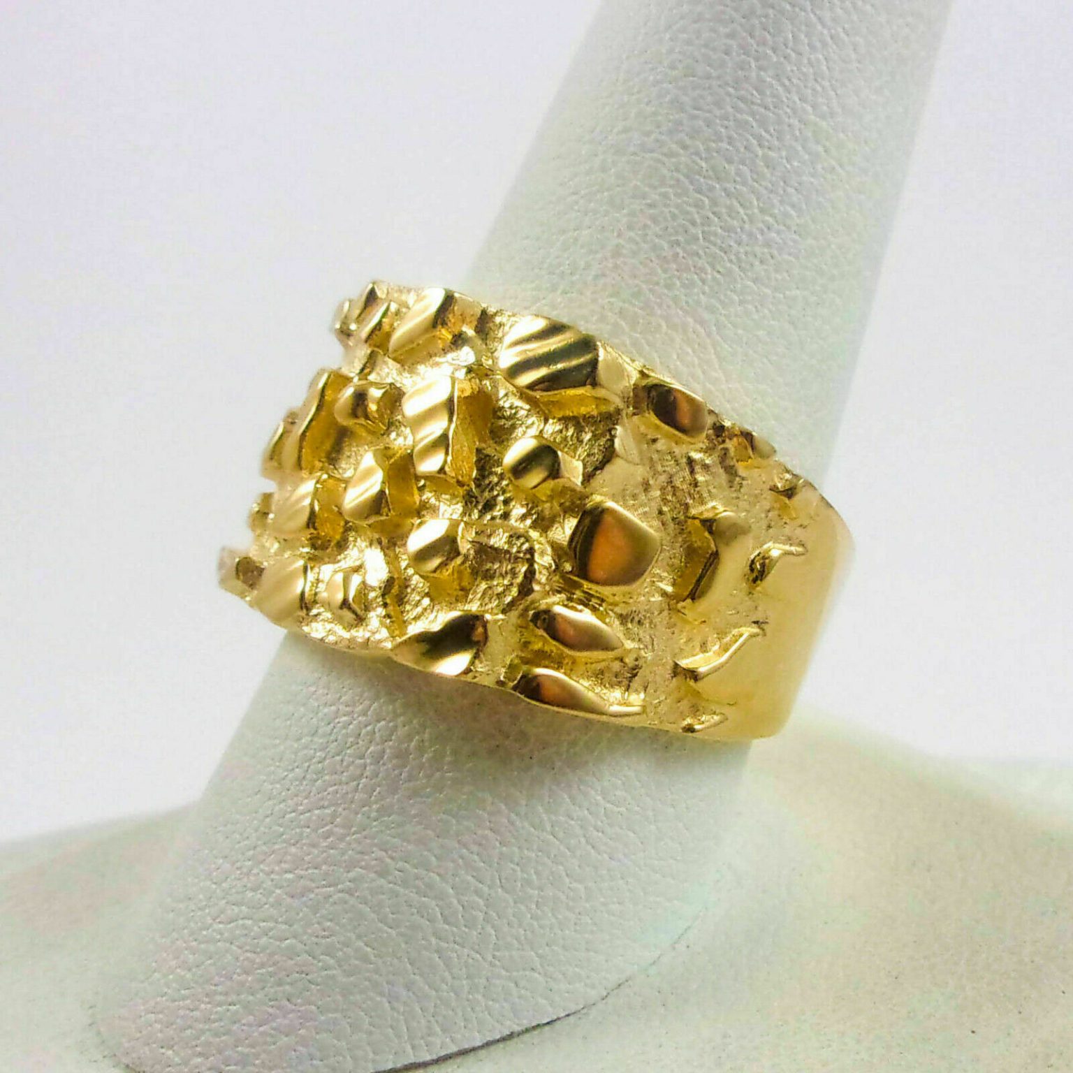 Solid 18K Yellow Gold Mens Nugget Ring Wide Face Mens Diamond Cut, Size